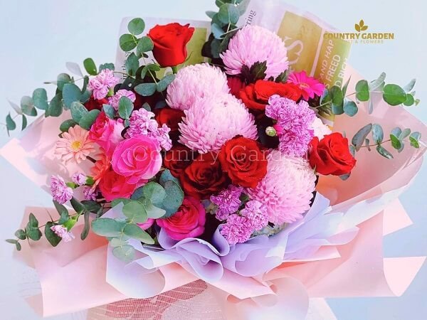 Hoa cúc mẫu đơn bó kết hợp với hoa hồng Ecuador, hồng dâu, hoa cẩm chướng và hoa đồng tiền